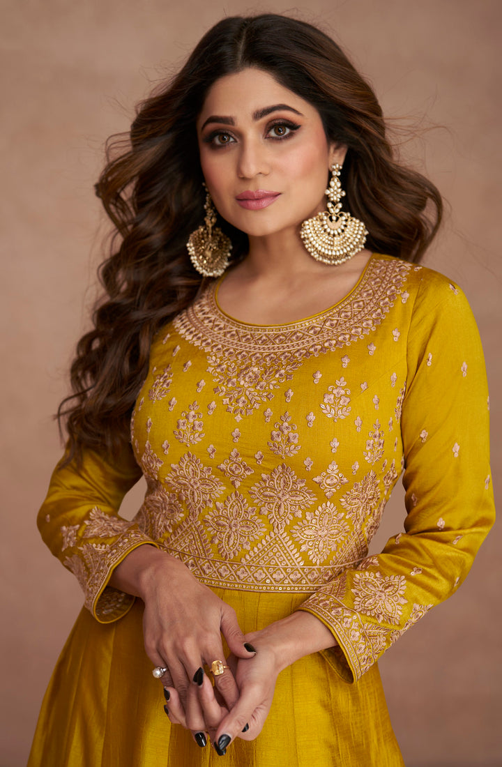 Designer Premium Silk Yellow Anarkali Suits