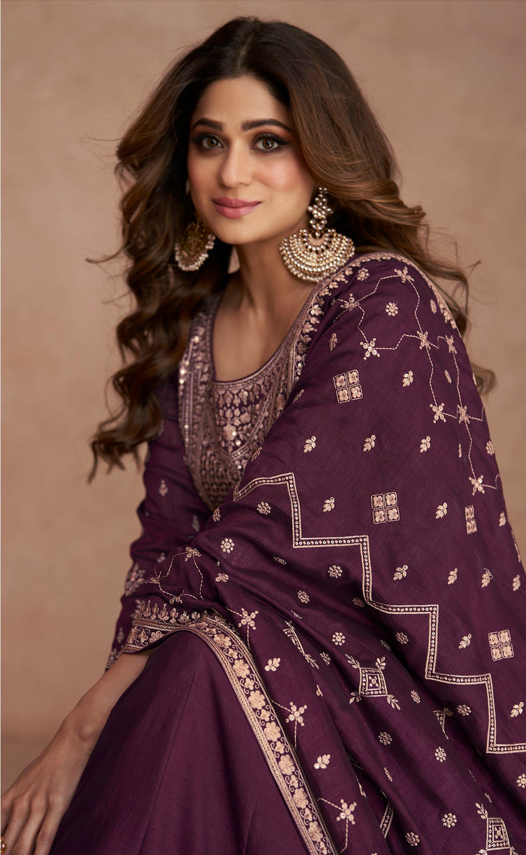 Graceful Purple Wine Premium Silk Anarkali Suits