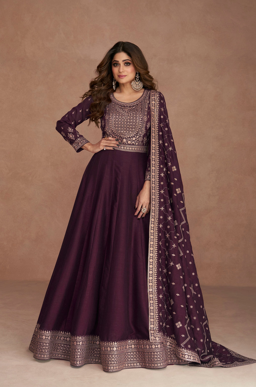 Graceful Purple Wine Premium Silk Anarkali Suits