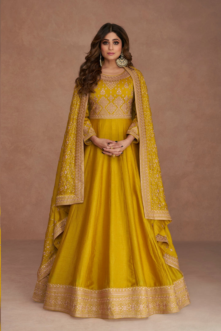 Designer Premium Silk Yellow Anarkali Suits