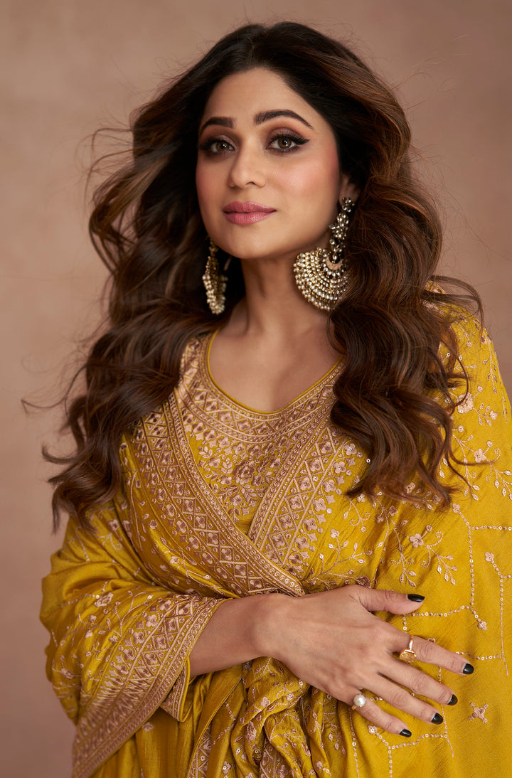 Designer Premium Silk Yellow Anarkali Suits