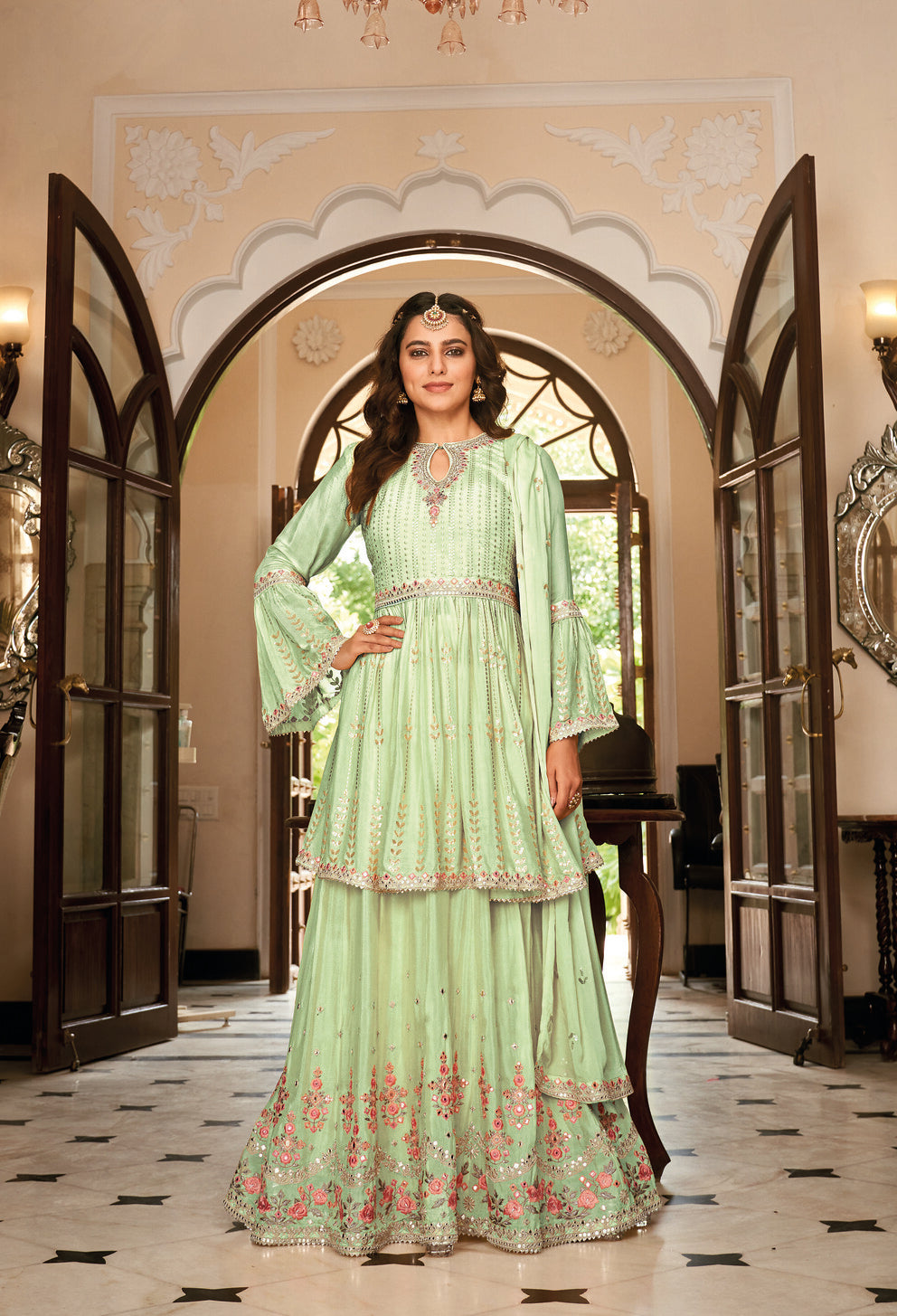 Green Designer Partywear Sharara Salwar Suit