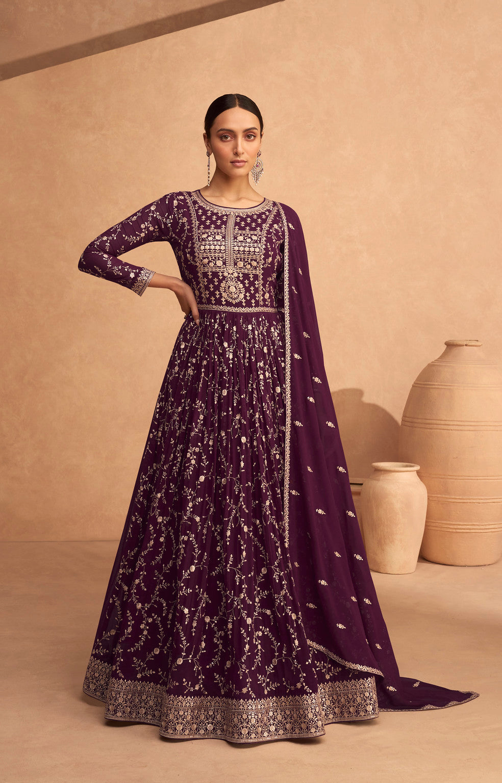 Exquisite Wine Georgette Designer Anarkali Dress