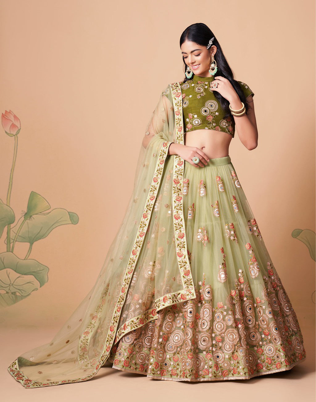 Embroidered Georgette Lehenga in Light Green : LJN1690