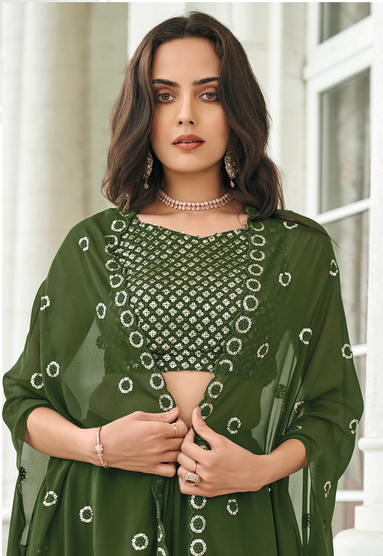 Elegant Dark Green Georgette Festive Lehenga Choli