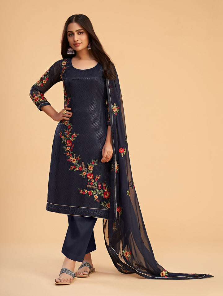 Elegant Navy Blue Georgette Designer Salwar Kameez