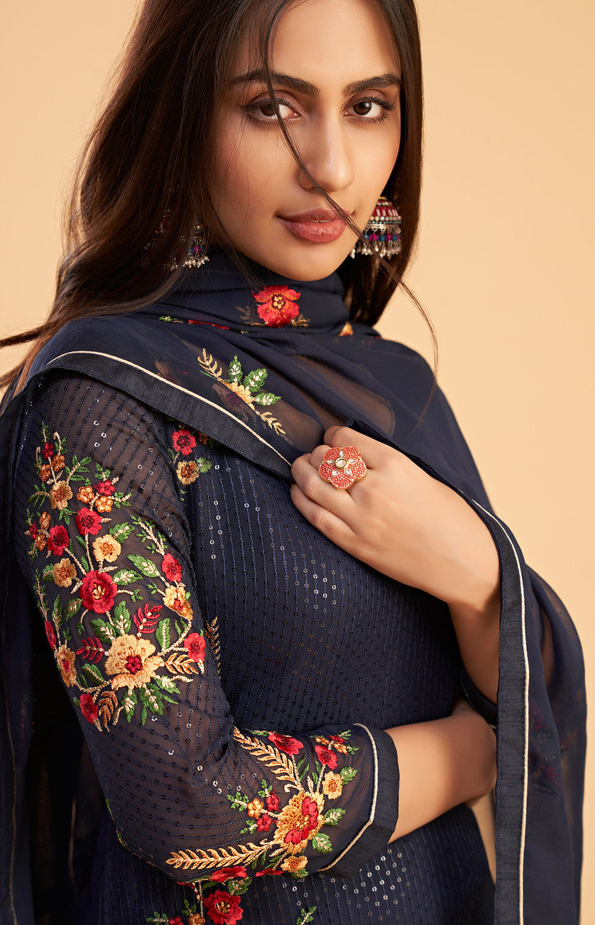 Elegant Navy Blue Georgette Designer Salwar Kameez