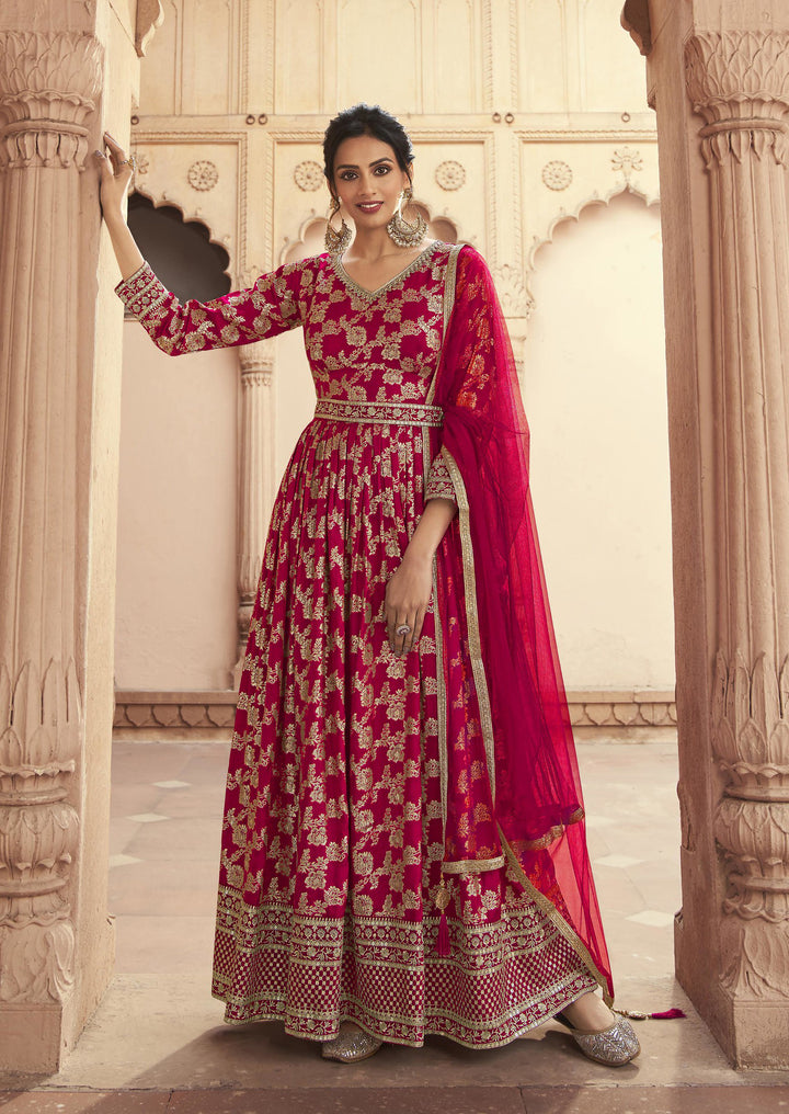 Jacquard embroidered Red Anarkali Suit