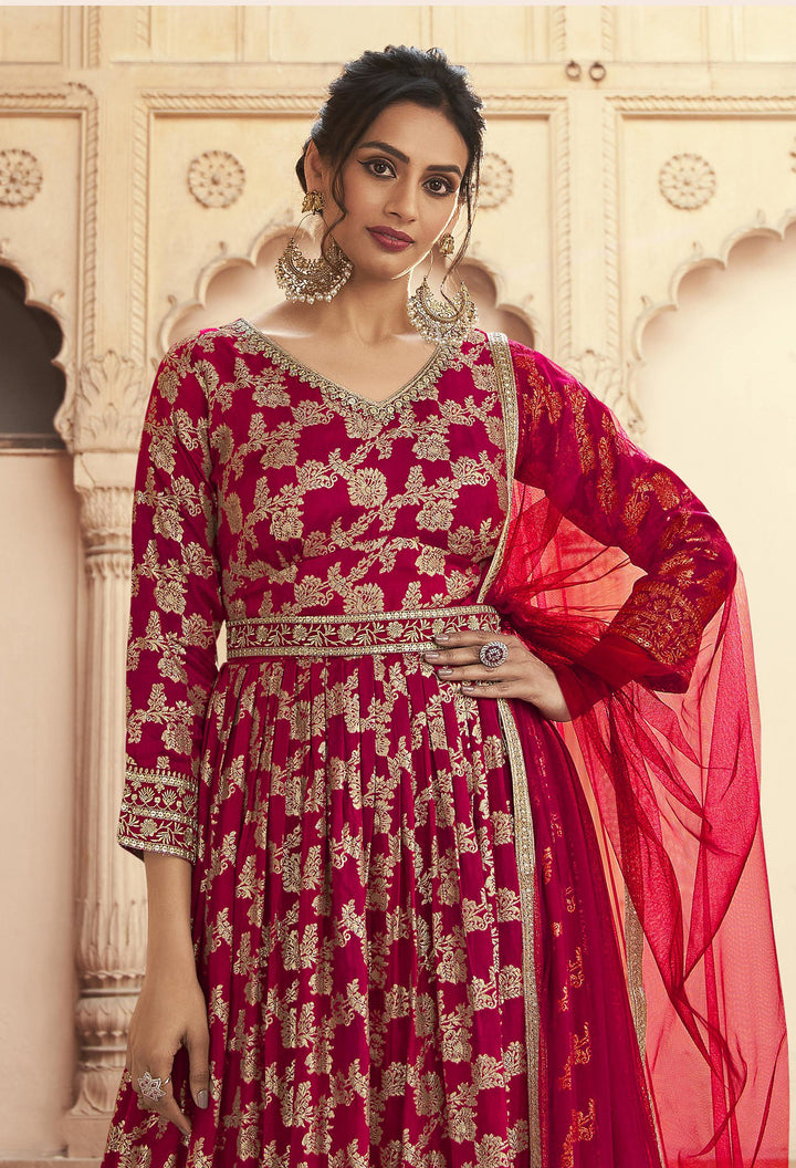 Jacquard embroidered Red Anarkali Suit