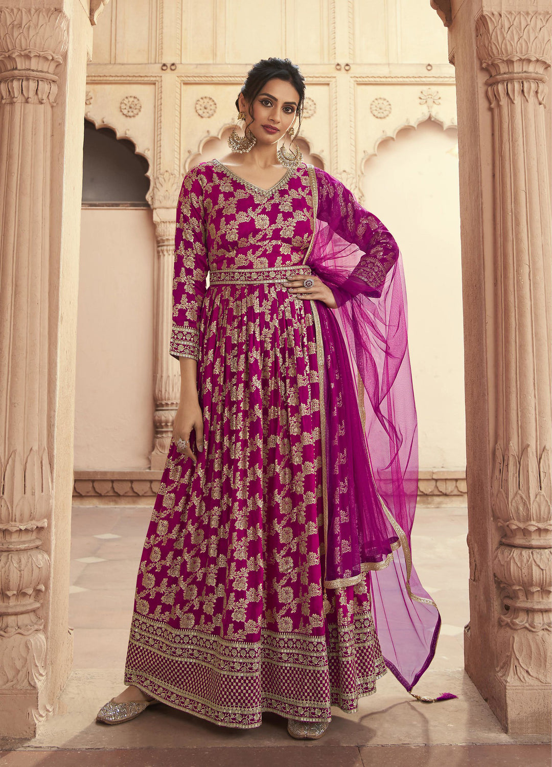 Pink Jacquard Anarkali Suit