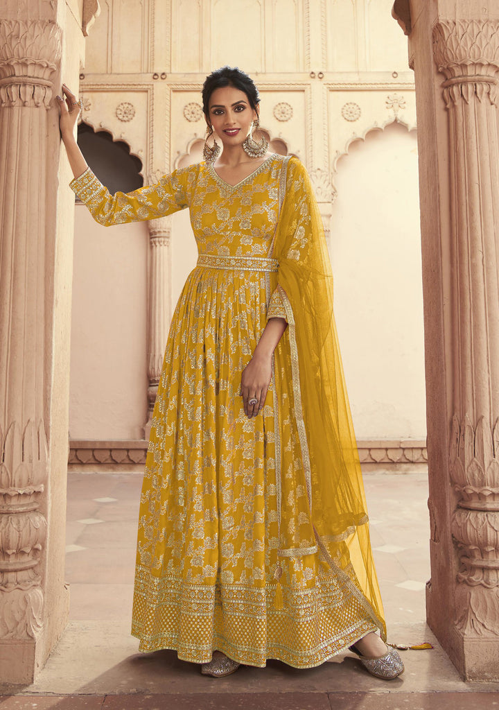 Stylish Yellow Jacquard Anarkali Suit