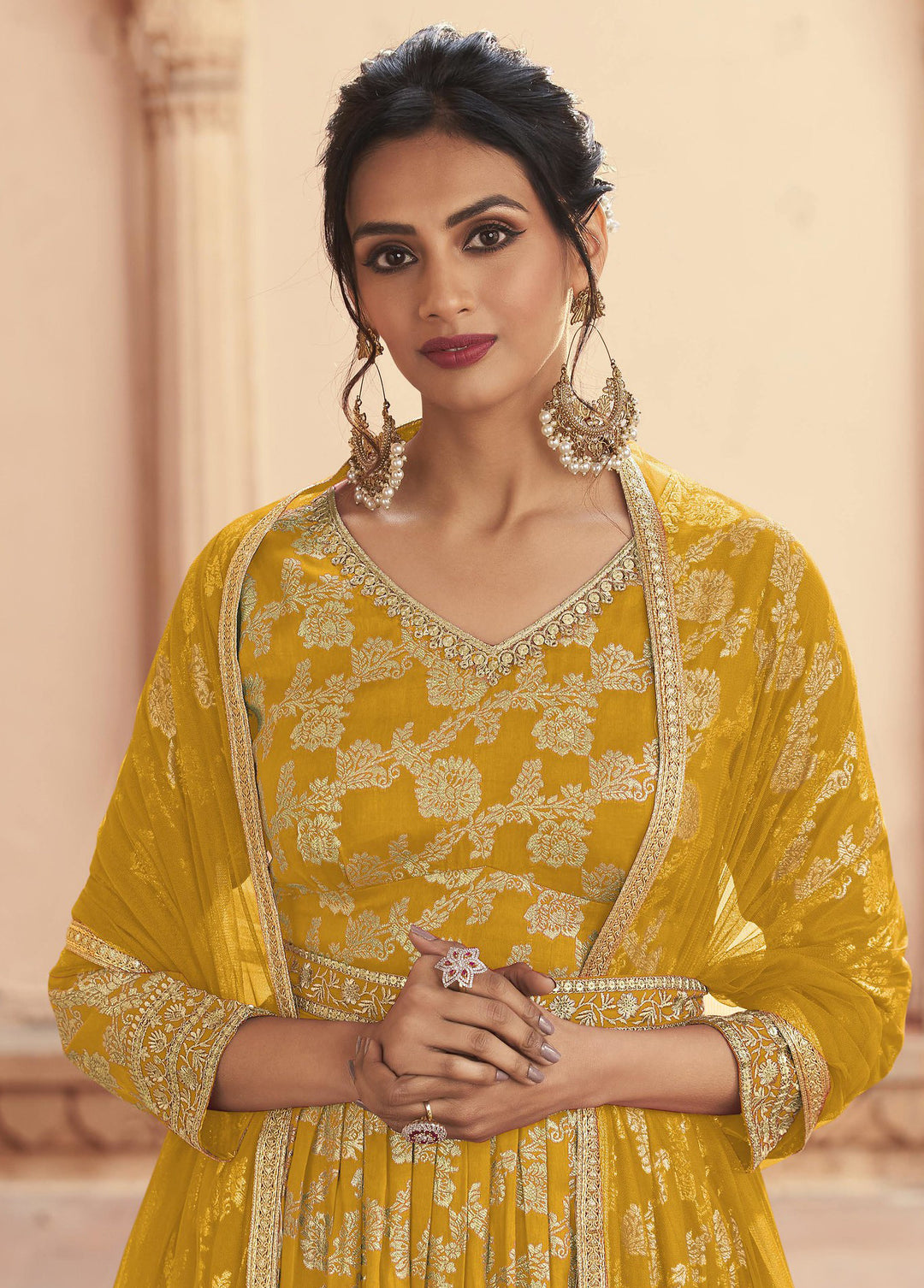 Stylish Yellow Jacquard Anarkali Suit