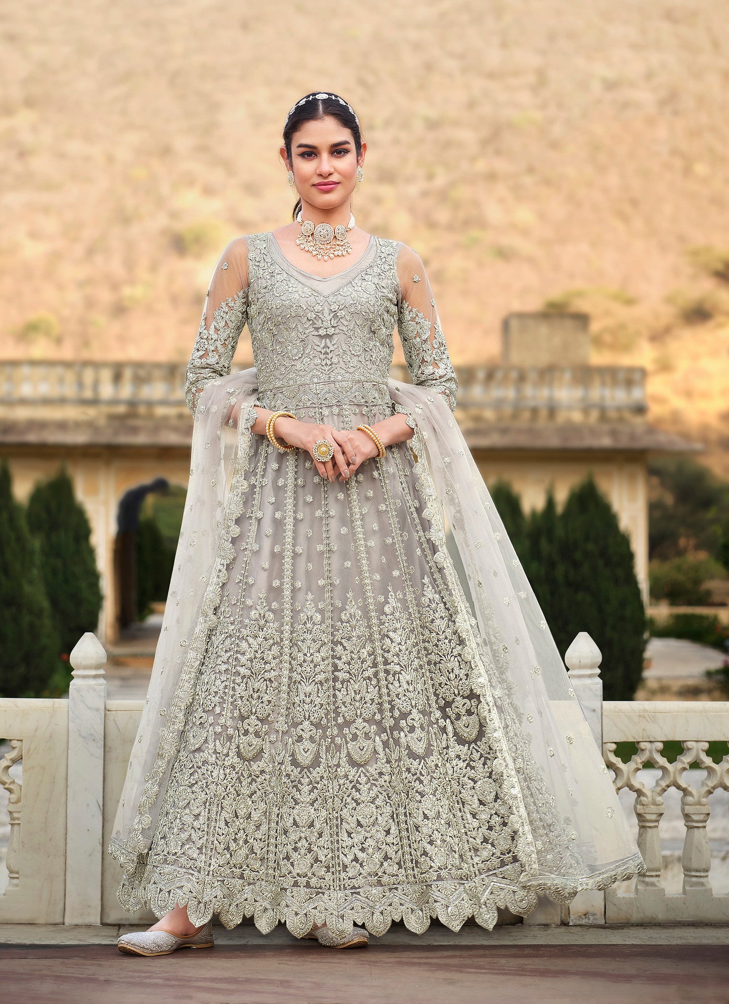 Crepe Fabric Printed Work Party Wear Glamorous Anarkali Long Gown In Grey  Color