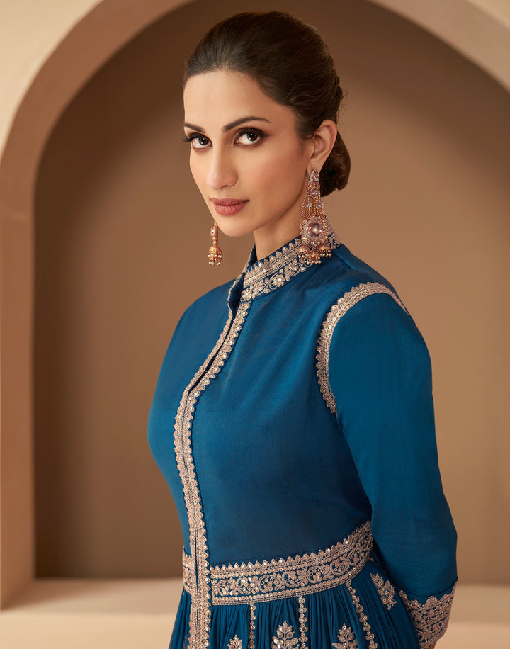 Blue Partywear Free Size Stitched Anarkali Suit