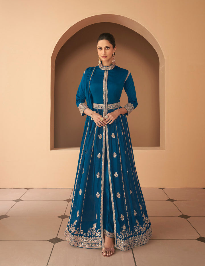 Blue Partywear Free Size Stitched Anarkali Suit