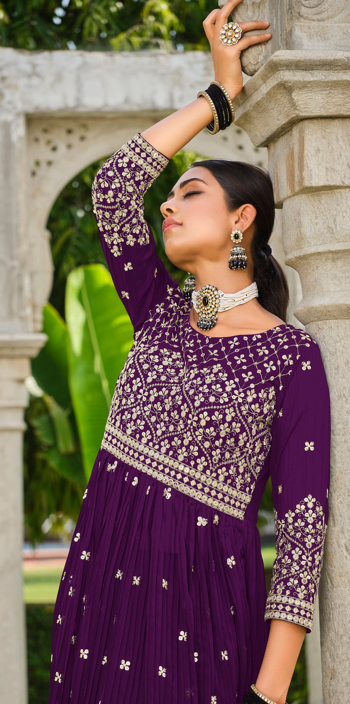 Elegant Purple Bridalwear Stitched Palazzo Dress Salwar Suit