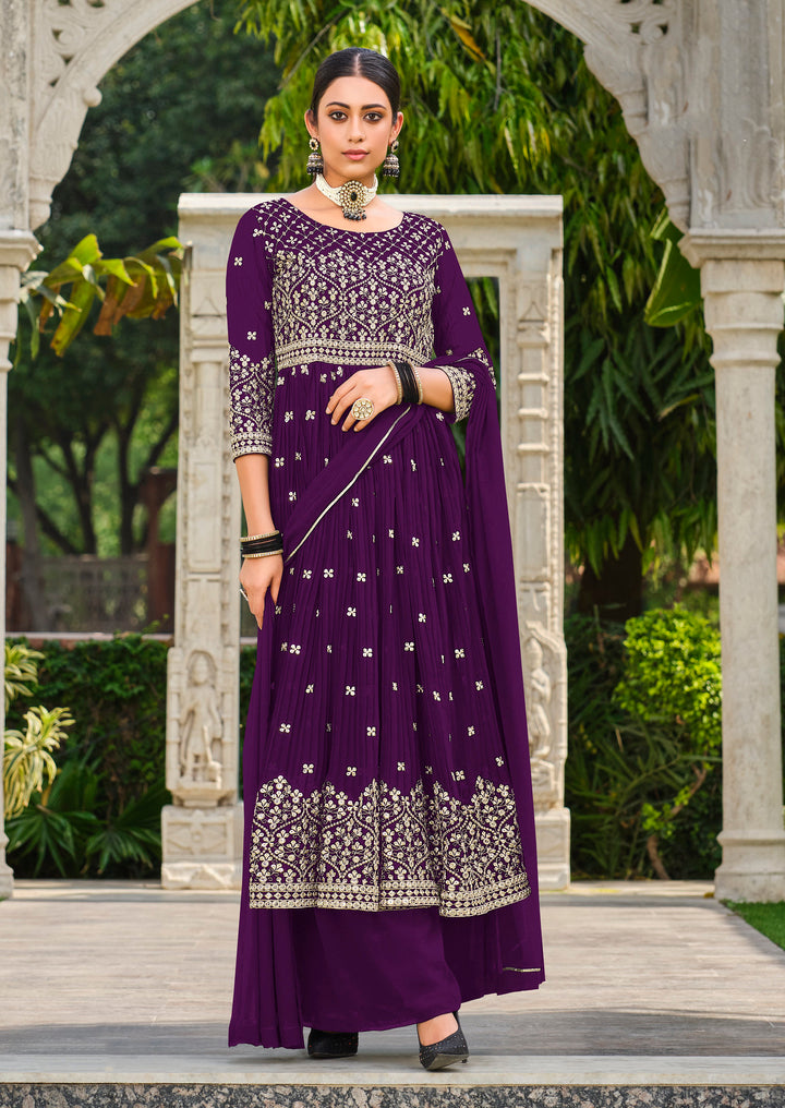 Elegant Purple Bridalwear Stitched Palazzo Dress Salwar Suit