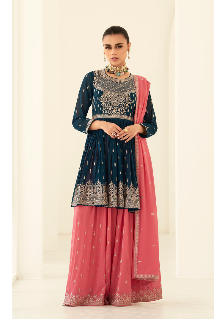 Stylish Blue Designer Stitched Palazzo Salwar Kameez