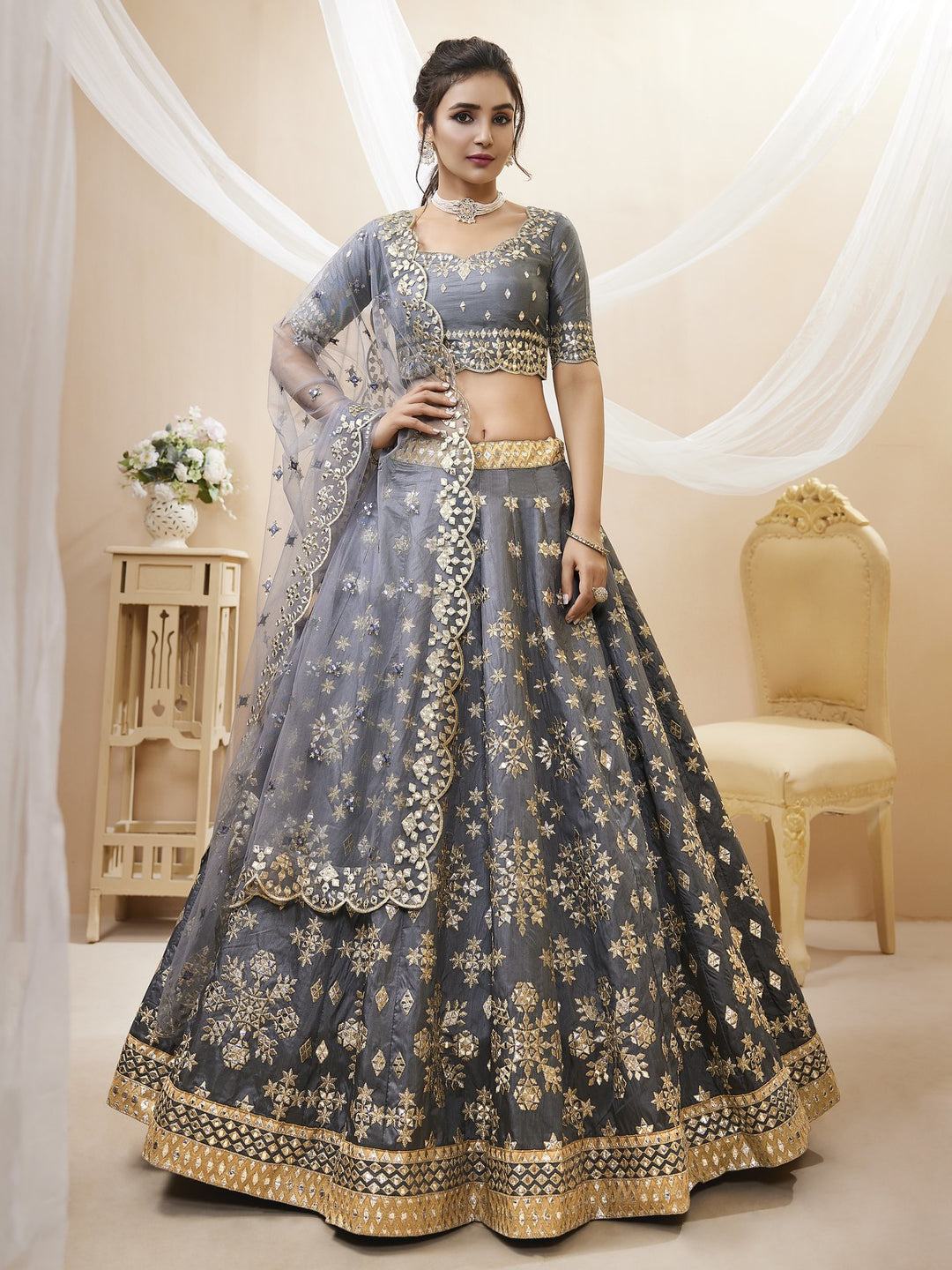 Elegant Grey Silk Lehenga Choli