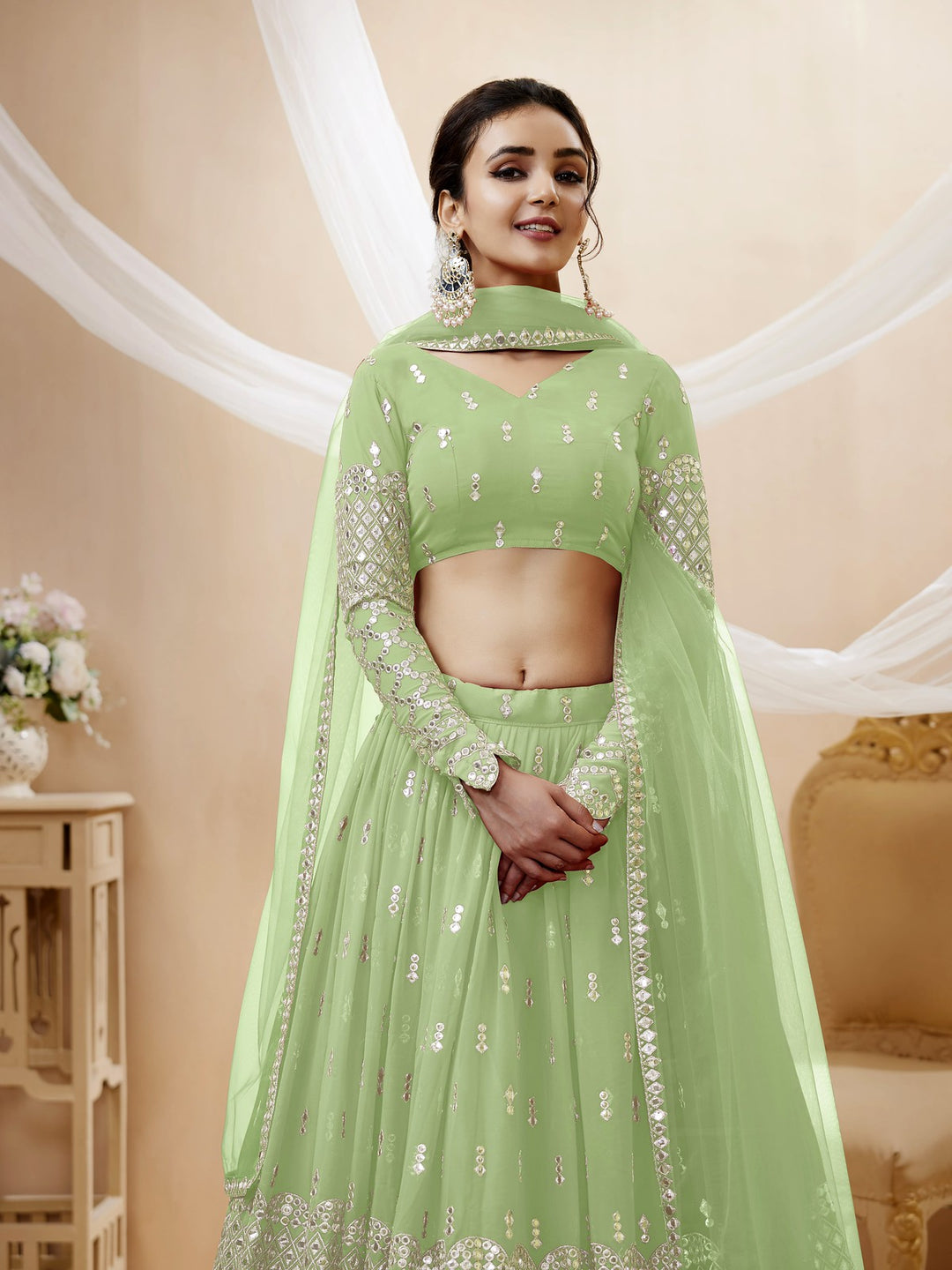 Whispering Elegance Light Green Lehenga Choli