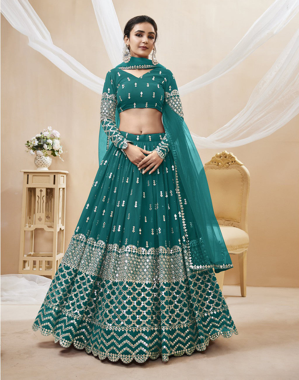 Indian Lehenga Choli in Bottle Green