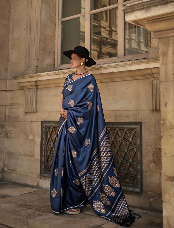 Captivating Blue Pure Satin Handloom Saree