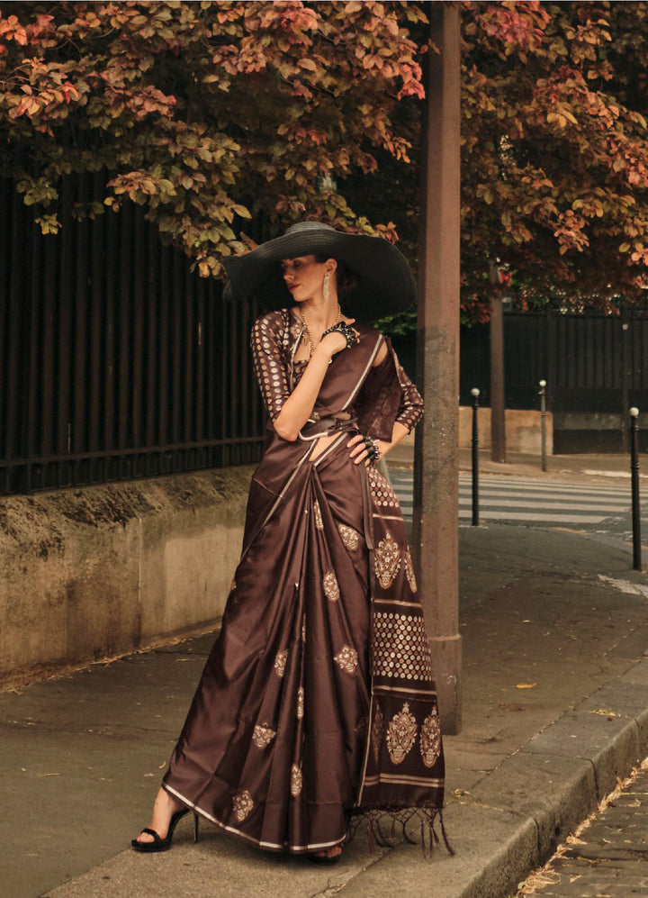 Chic Brown Pure Satin Handloom Saree