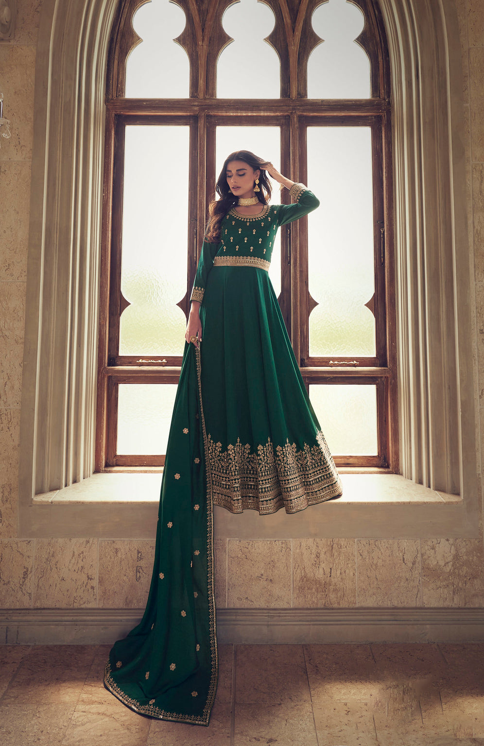 Graceful Bottle Green Premium Silk Anarkali Suit