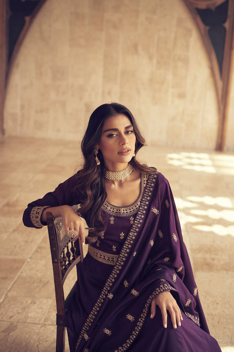 Exquisite Wine Premium Silk Anarkali Suit