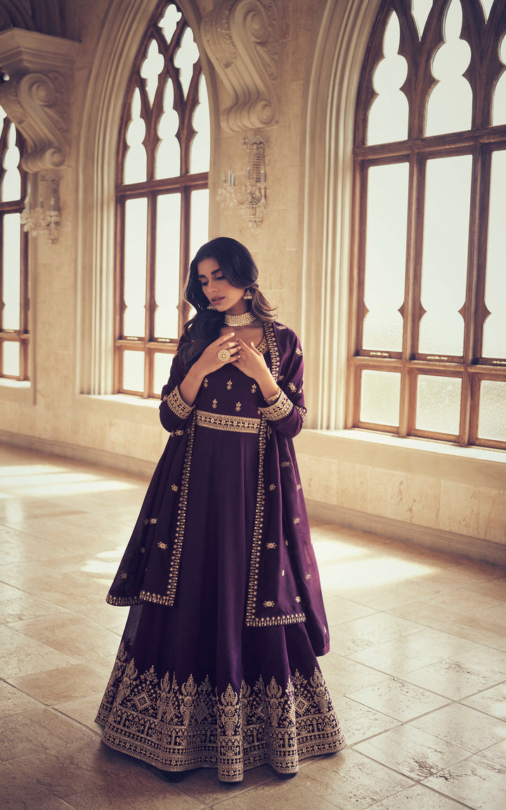 Exquisite Wine Premium Silk Anarkali Suit