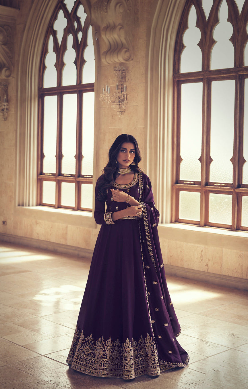 Exquisite Wine Premium Silk Anarkali Suit