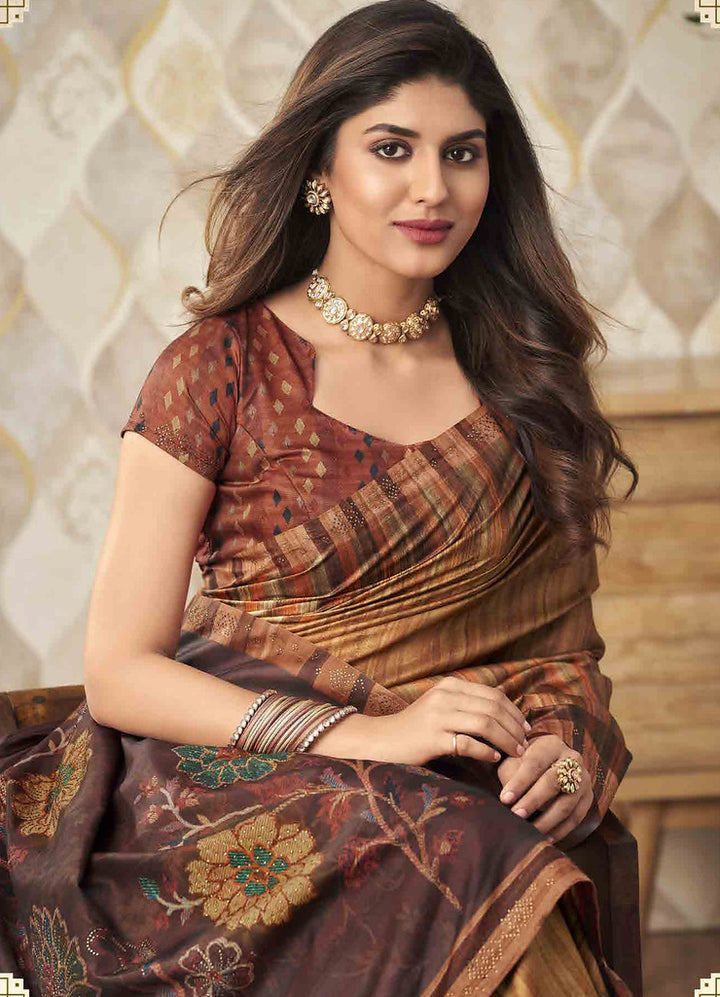 Indian Designer Saree in Brown Silk