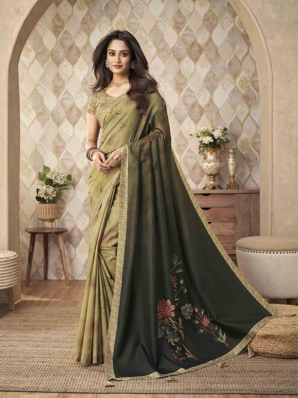 Designer Indian Saree in Green Silk