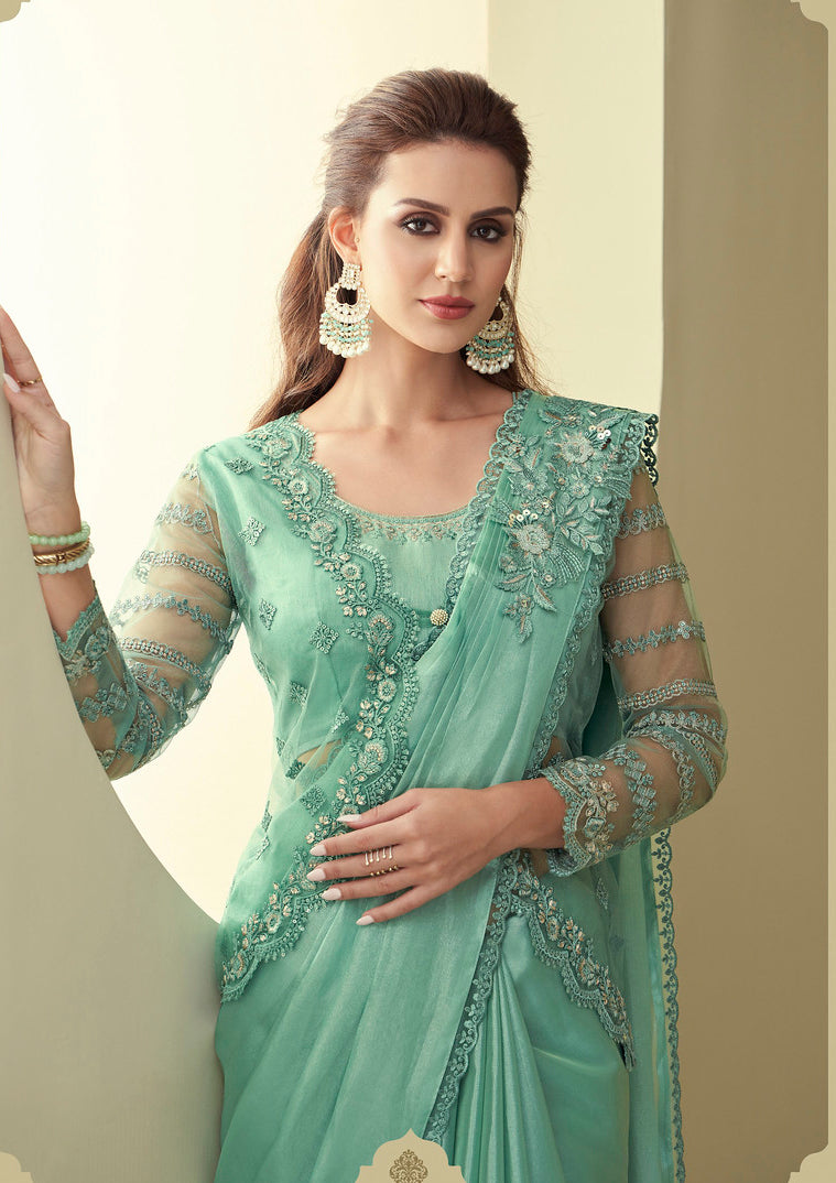Elegant Mint Green Silk and Linen Saree Elegant Mint Green Silk and Linen Saree