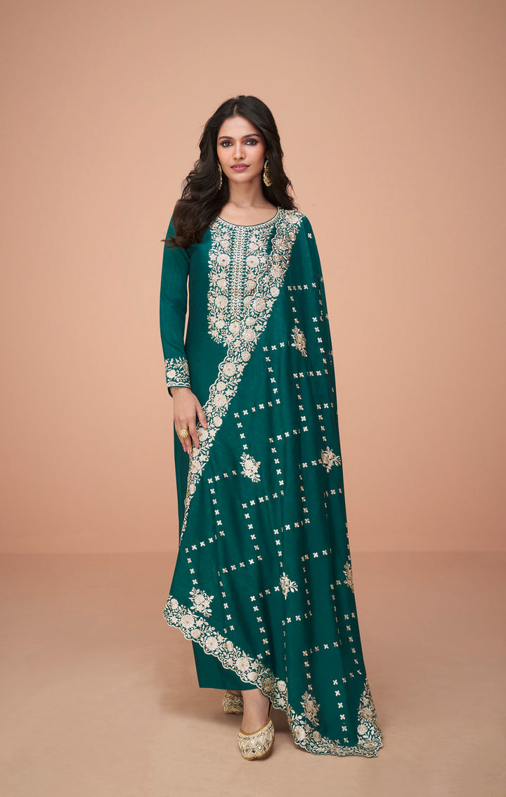 Indian Salwar Kameez Online in Rama Green Color