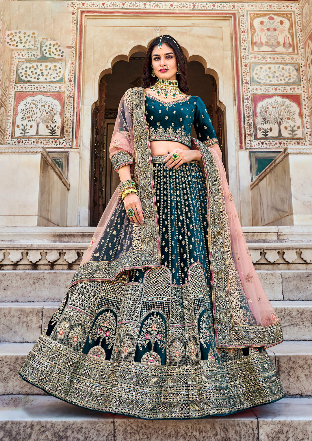 Rama Green Heavy Velvet Bridal Lehenga Choli