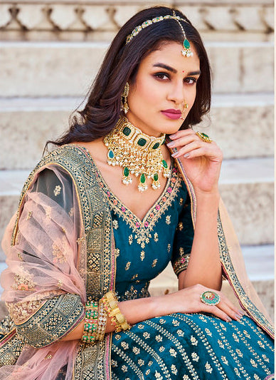 Rama Green Heavy Velvet Bridal Lehenga Choli