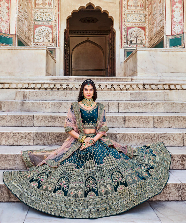 Rama Green Heavy Velvet Bridal Lehenga Choli