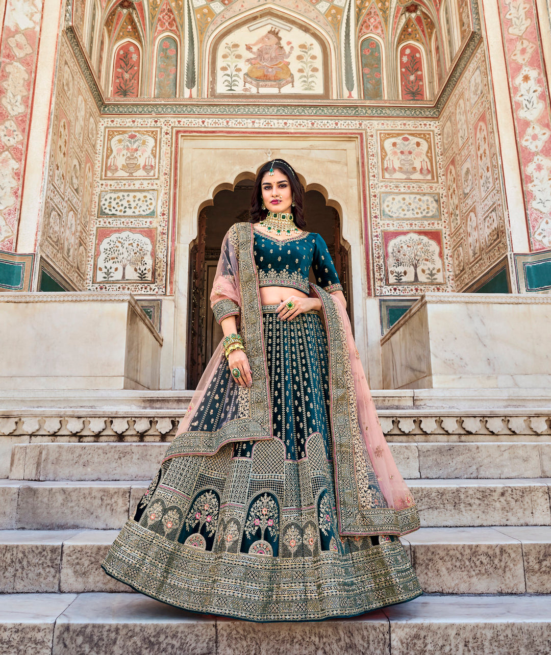 Rama Green Heavy Velvet Bridal Lehenga Choli