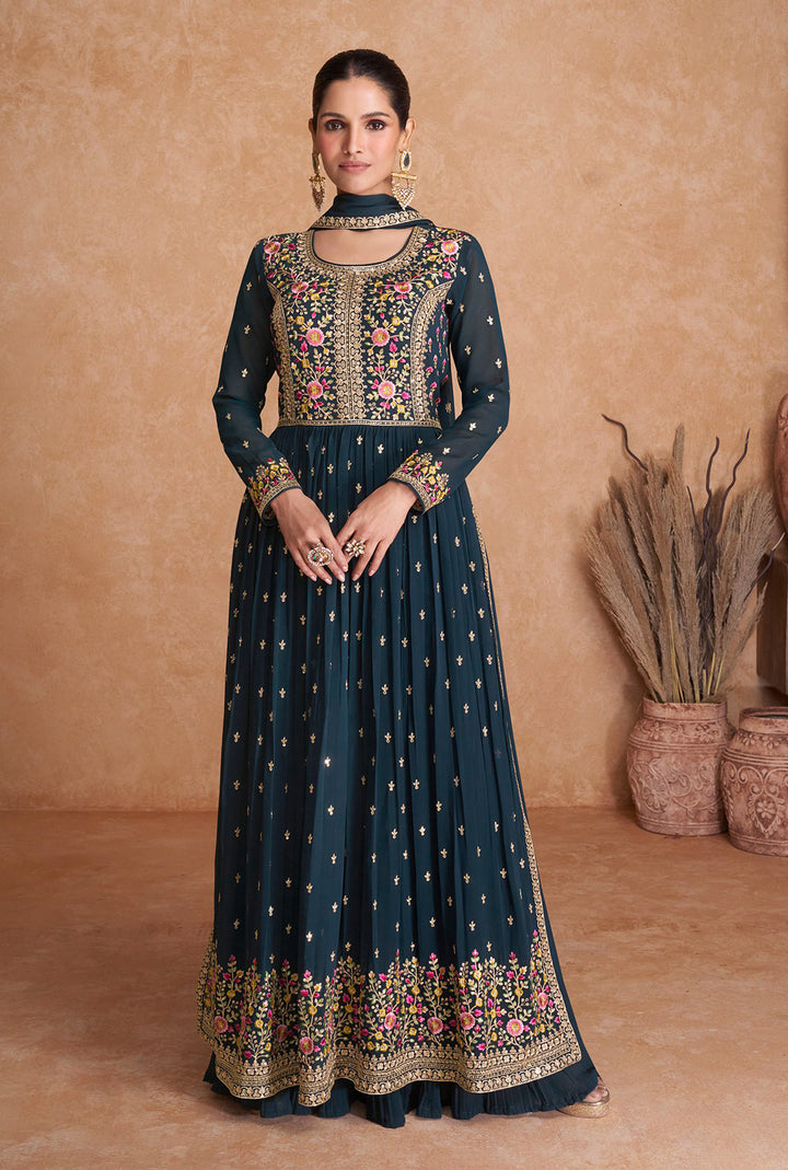 Stunning Blue Blooming Georgette Indian Anarkali