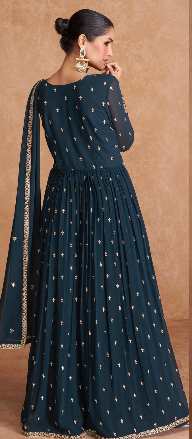 Stunning Blue Blooming Georgette Indian Anarkali