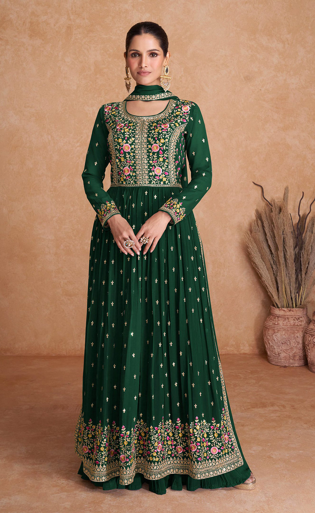 Elegant Green Blooming Georgette Indian Anarkali