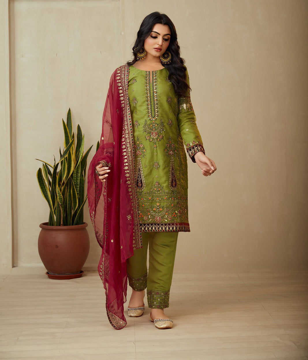 Graceful Green Organza Indian Salwar Kameez