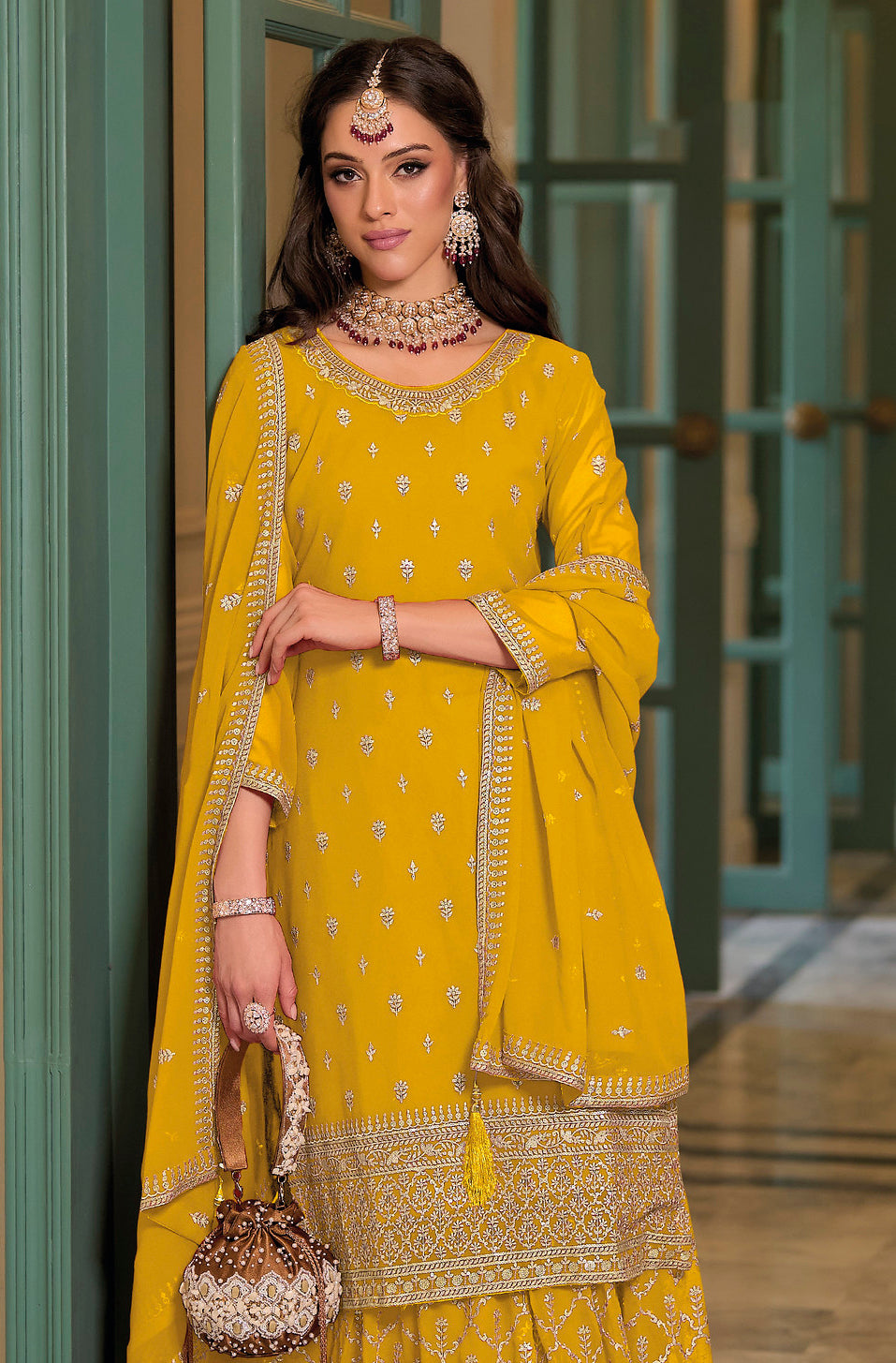 Readymade Designer Sharara in Yellow