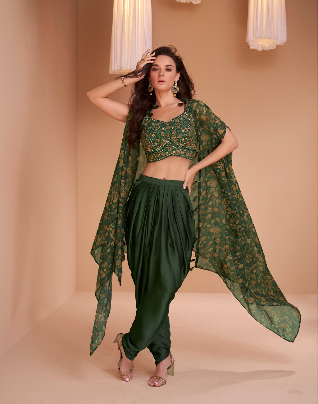 Graceful Green Indo-Western Crop Top and Dhoti Set