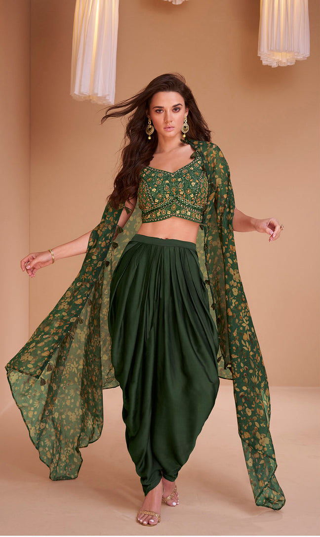 Graceful Green Indo-Western Crop Top and Dhoti Set