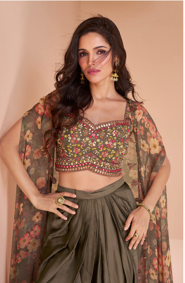 Exquisite Brown Indo-Western Crop Top and Dhoti Set