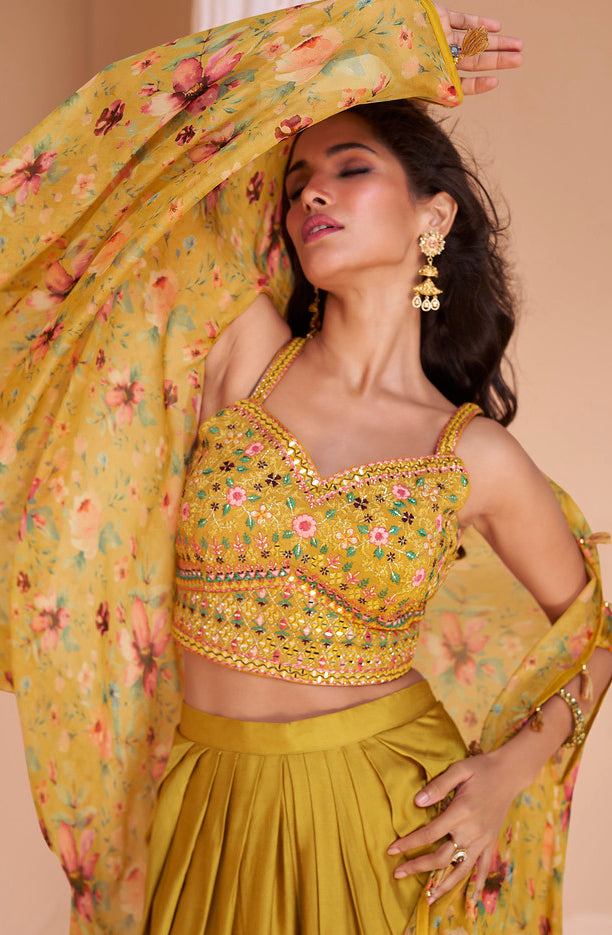 Luminous Lemon Yellow Indo-Western Crop Top and Dhoti Set