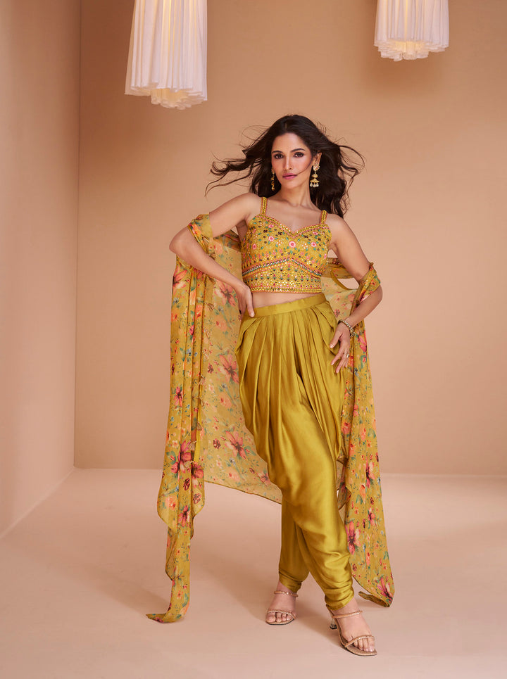 Luminous Lemon Yellow Indo-Western Crop Top and Dhoti Set