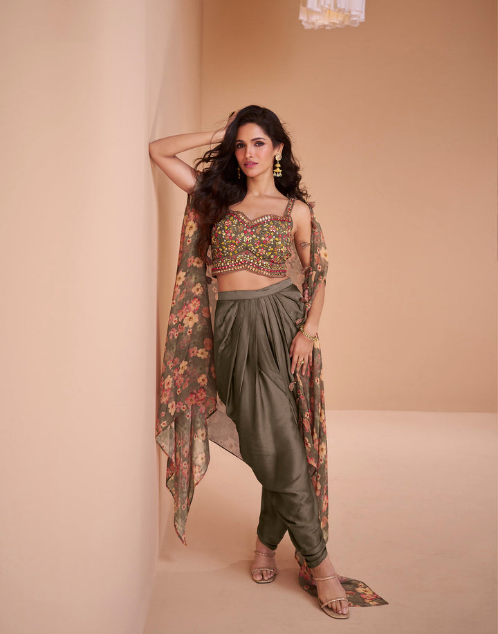 Exquisite Brown Indo-Western Crop Top and Dhoti Set